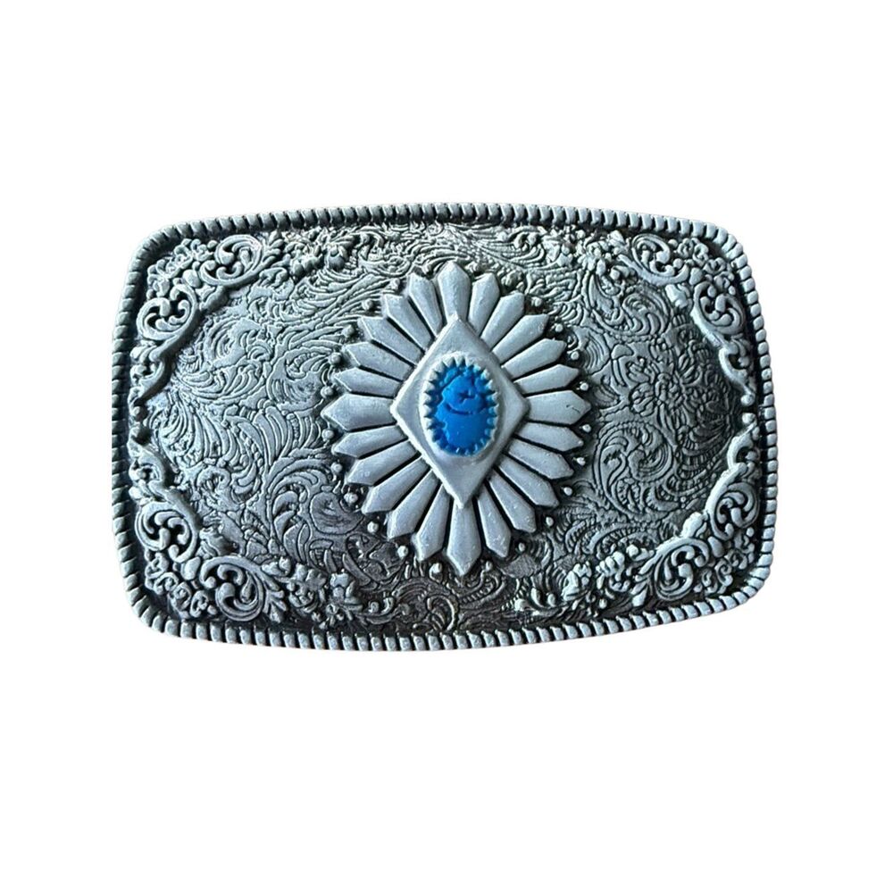 Open Range Concho Belt Buckle - Silver Tone with Turquoise Accent